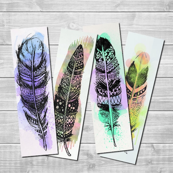 watercolor feather bookmark set of 4 digital printable