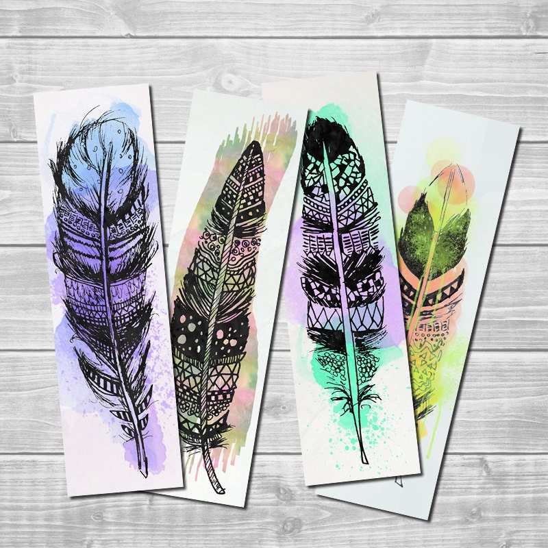 watercolor feather bookmark set of 4 digital printable