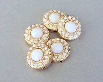 4 TINY white and gold 2 hole beads, small round white two hole slider beads or 2 hole buttons, spacers, 13mm