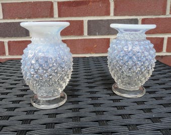 Set of 2 Antique Moonstone Hobnail Opalescent White and Clear Glass Candlestick Holders