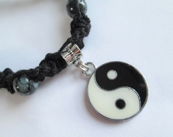 Yin Yang Pendant on Handmade White (or Black) Hemp Necklace with Black Glass Beads - Boho Chic Jewelry