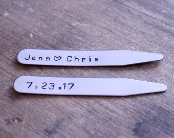 Hand Stamped Collar Stays, Metal Collar Stays, Collar Stays with Names and Date, Personalized Collar Stays, Custom Collar Stays, Silver