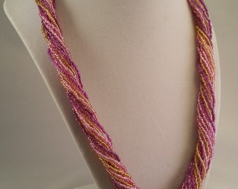 Pink and Gold Seed Bead Necklace - Twist or Drape