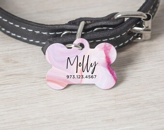 Personalized Pet ID Tag, Bone Shape Pet Tag, Custom Cat Tag, Dog Tag, Custom Pet Tag, Pet Name Tag, Custom Dog Tag, Pink Marble