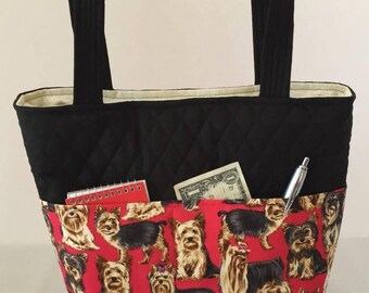 Yorkie Bag Quilted with Magnetic Snap, Yorkie Handbag, Yorkie Tote, Outside Pockets, Inside Pockets