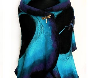Nuno felted shawl Dragonfly. Nuno Felted Shawl, Art Felted Wool and Silk Scarf
