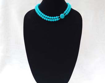 VINTAGE Signed JAPAN Aqua Blue Double Strand Princess Necklace