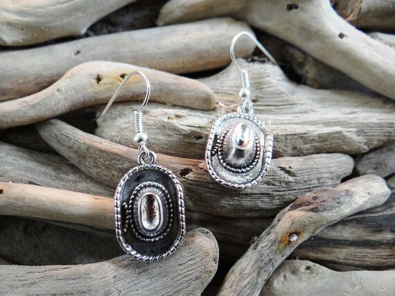 Cowboy Cowgirl Hat Hats Earrings Cow Boy Girl Rodeo Bullriding Horse Bull Riding Country Western Wild West Earring Hooks Silver Toned