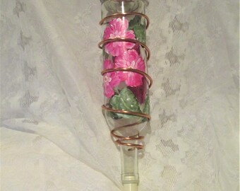 Beautiful handpainted wine bottle copperwrapped hummingbird feeder. Pink floral design.