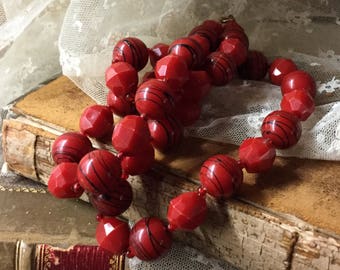 Luscious Cherry Lipstick Red Lucite Bead Necklace Unsigned 1960’s 1970’s Single Strand Simple Design Round Beads Day Wear Feminine Woman