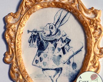 Framed classic Alice in Wonderland image for cake decorating. 5.5" tall gumpaste frame. White Rabbit, Alice in Wonderland cake decorating