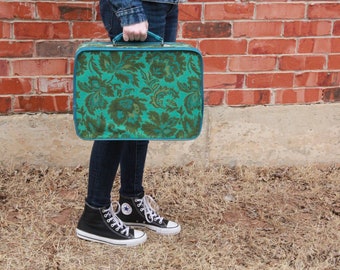 Vintage 1960s / 1970s Blue and Green Floral Tapestry Suitcase / Overnight Bag / Luggage Avon Makeup Case Portable Storage Box With Handle