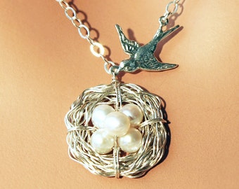 Five Egg, Pearl Bird Nest, Sterling Silver Necklace - Mama Bird & White Pearl Nest of 5 - Grandmother / Mother's Day Gift