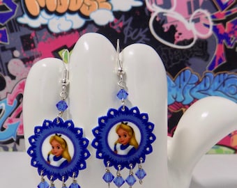 Alice in Wonderland Blue Floral Dangle Earrings