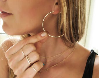 Gold Hoop Earrings - Thin Gold Hoops - Thin Hammered Hoops - Silver or Rose Gold Hoops - Straight Through - Endless Hoops - 2" Large Hoops