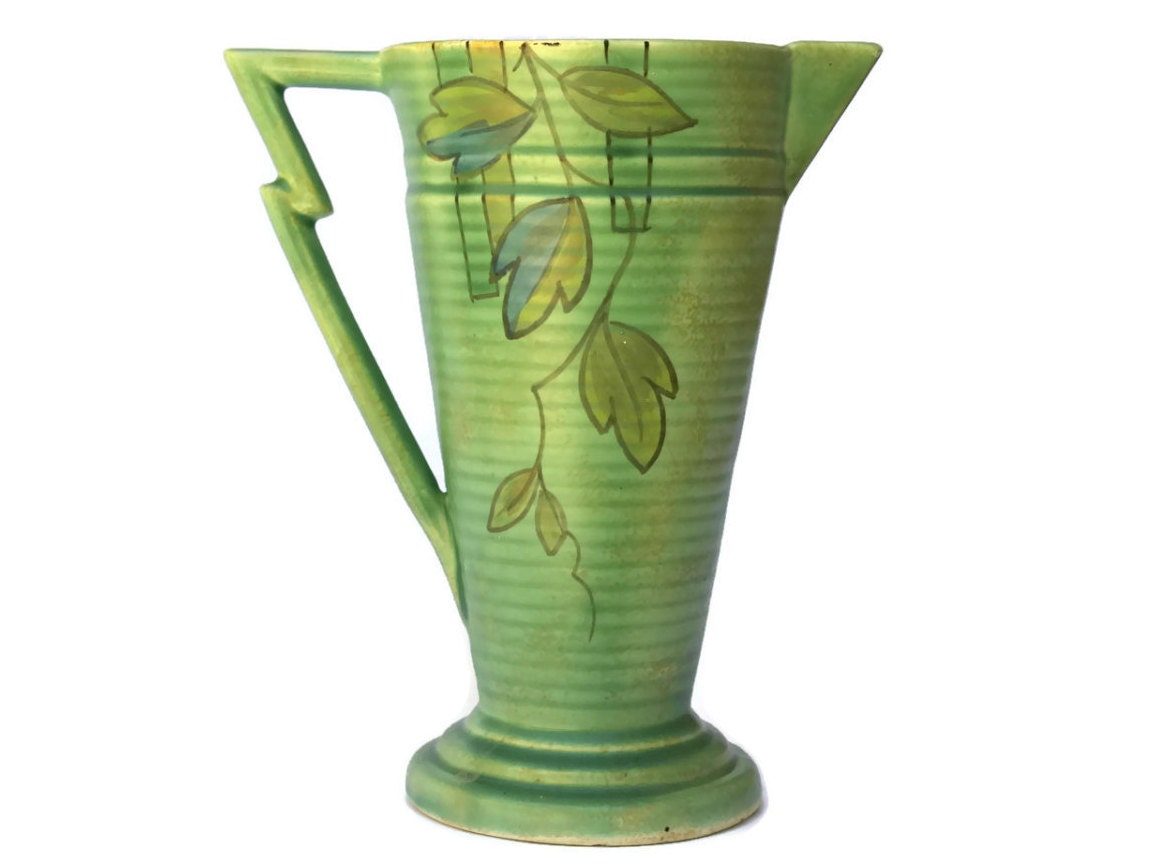 Art Deco Ceramic Water Pitcher with Lightening Bolt Handle. Gordon