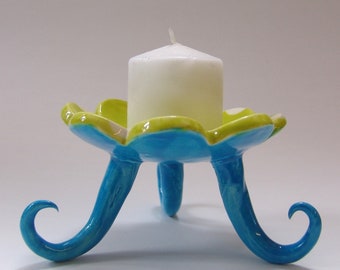 colorful pottery Candleholder, whimsical ceramic soap dish, bright blue chartreuse jewelry dish, gift for mom, curly legs