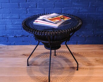 Franco Albini Italian upcycled coffee table made from woven rattan cane with round steel cone under frame and glazed top Read-Shipping-Info