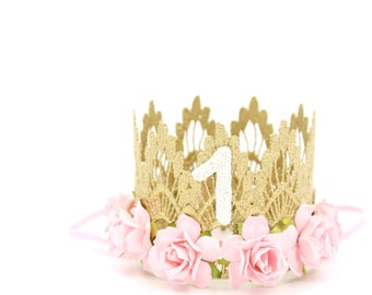 First Birthday crown MINI Sienna || gold baby pink flowers lace crown headband || photo prop || customize ANY age || Ready to Ship