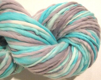 Super Bulky Handspun Yarn Dumbo 102 yards hand dyed merino wool blue turquoise grey gray yarn knitting supplies crochet supplies doll hair