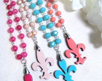 Fleur de lis Necklace, Fleur de lis Jewelry, New Orleans Jewelry, Louisiana Jewelry, Beaded Fleur de lis Necklace- Vieuxtique Jewelry