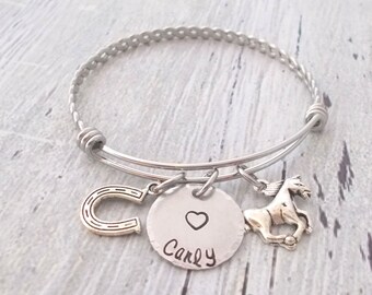 Personalized Horse Bracelet, Horseshoe Jewelry, Horseshoe and Name Adjustable Braided Bangle, Equestrian Gift, Veterinarian Gift, Horse Gift