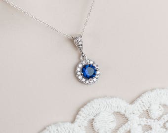 Blue Sapphire Necklace,Bridal Sapphire Bridal Necklace, CZ Blue Sapphire Necklace, CZ Blue Sapphire Necklace,Something Blue Bridal Necklace