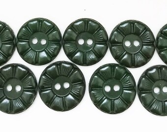 nos vintage hunter green buttons with abstract flower design--matching lot of 11