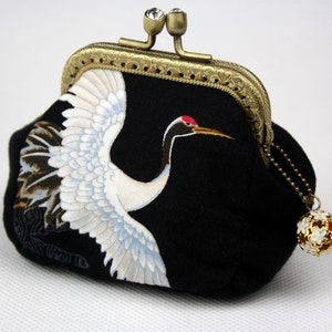 Coin Purse - Chrysanthemum & Crane - Japanese Cotton Fabric with Vintage Metal Frame in Bronze