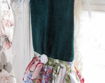 Green Hand Towel - Terry Cloth Towel - Shabby Cottage Hand Towel - Frilled Towel with Roses - French Country - Bathroom Towel - Dark Green