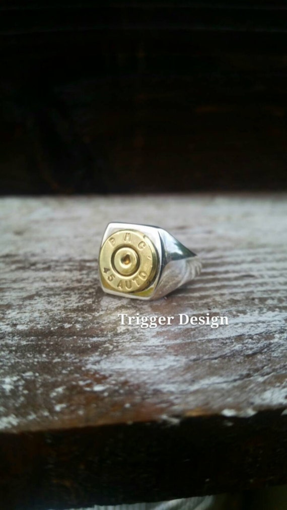 45ACP Sterling Silver Mens Brass Bullet Casing Ring with