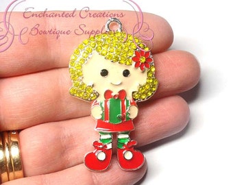 Holiday Girl With Present Christmas Charm, Chunky Pendant, Keychain, Bookmark, Zipper Pull, Chunky Jewelry, Purse Charm