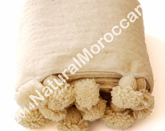 Hand Loomed Woollen Moroccan Pom Pom Blankets - Ivory