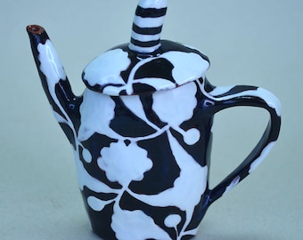 Tiny Teapot. Black and White Flower.