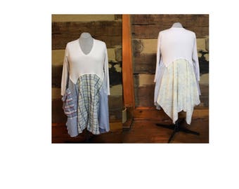 Lagenlook Dress Shabby Chic Tunic Dress Patchwork Hippie Style, Lagenlook Anthropologie Style Women's Plus Size Upcycled Clothing