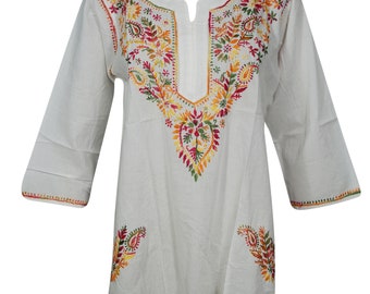 Beautiful Floral Embroidered Tunic Top Ethnic Wear Cotton Indian STYLE Boho Chic White Blouse M