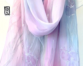 Japan Silk Scarf, Hand Painted Silk Scarf, Evening Wrap, Kimono Scarf, Chiffon Scarf, Twilight Iris, Pink, Blue Silk Shawl, Made to order