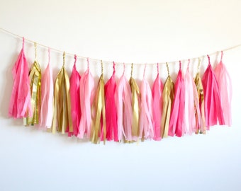 Pink and Gold Tassel Garland - Valentines Birthday Party Decor, Bachelorette, Galentines Day, Gender Reveal, Girl Baby Shower Decorations