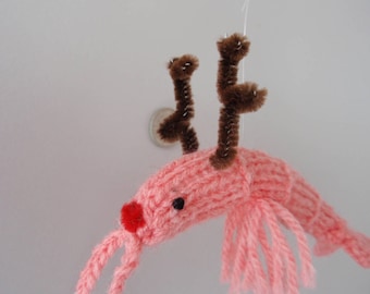 Christmas reindeer shrimp hand knitted red nose and antlers ....long feelers