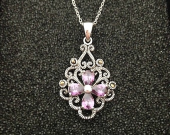 Amethyst and Marcasite Sterling Silver Pendant Necklace