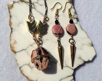 Rhodonite Jewelry, Rhodonite Necklace, Rhodonite Earrings, Rhodonite Pendant, Pendant Necklace, Raw Stone Necklace, Raw Crystal Necklace