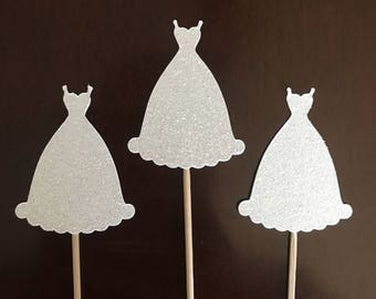 12 wedding dress cupcake toppers. Bridal shower, bachelorette party decorations.