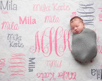 SALE! Baby Girl Blanket Personalize Baby Blanket Monogram Baby Blanket Name Blanket Swaddle Receiving Blanket Baby pink and grey