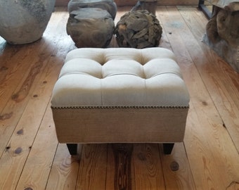 Linen and Burlap Tufted Upholstered Ottoman with Nail Head- Design 59 Furniture