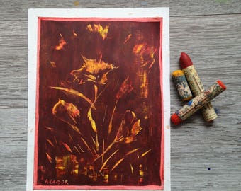 Oil Pastel Flower Drawing, Original 12x16cm on Canson paper, wall art, nature art, flower illustration