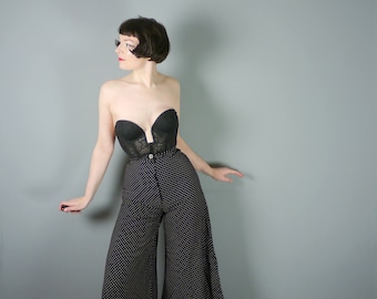 70s WIDE LEG high waisted trousers by Mister Ant - 1970s black polka dot flares / flared PALAZZO pants - 23" waist - / xxs