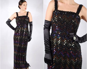 1960's Evening Gown - 60's 70's Sequin Prom Dress - Lilli Diamond Dress - Size Small