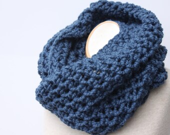 Cowl Scarf, Infinity Scarf, Mens Scarf, Chunky Snood, Knit Scarf, Neckwarmer, Denim Blue Scarf