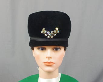 50s Black Bucket Hat, 1950s Hat, Black Velvet Hat, Rhinestone Hat, Winter Hat, Vintage Ladies Hat, Atomic Ladies Hat