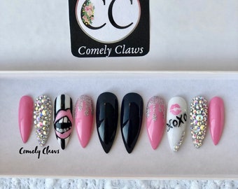 Pink Black XO Nails | Press On Nails | Glue On Nails | Ballerina | Stiletto | Glossy | Matte | Crystals